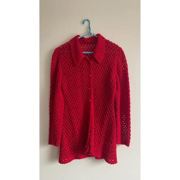 Hand-Crocheted Cherry Red Button-Up Top 🐞🧶 - Picture 1 of 2